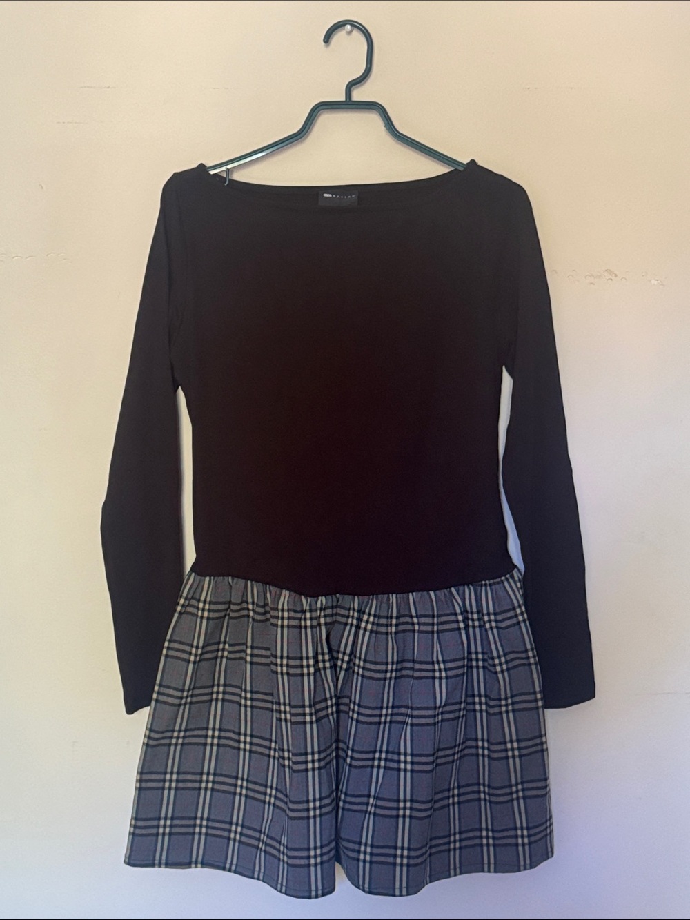 Women’s Black Long Sleeve mini dress with Gray Plaid Skirt ASos